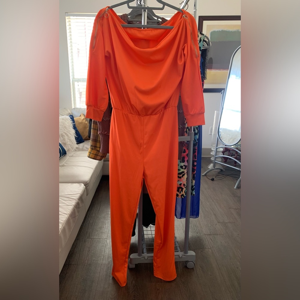 Orange, off-the-shoulder jumpsuit with zipper detail, large